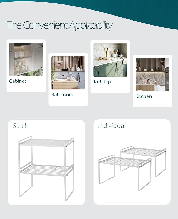 Shantton Cabinet Shelf Organizer, Pantry Shelf Rack, White 16.1x10.6x9.5 | 2-Pack Stackable Metal Riser Holds 40LBS with Non-Slip Feet for Kitchen Pantry Bathroom Countertop Freezer Cupboard - Image 5