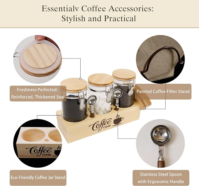 Glass Coffee Canister Set with Shelf & Spoons - 3 Piece Airtight Seal Coffee Bean Storage Containers & Filter Holder for Kitchen Organization - Image 4