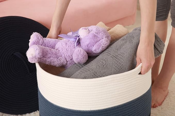 20x15 Inch Extra Large Round Cotton Rope Storage Basket with Lid, Decorative Woven Bin with Cover for Living Room Bedroom Closet, Dark Blue & Deep Blue - Image 6