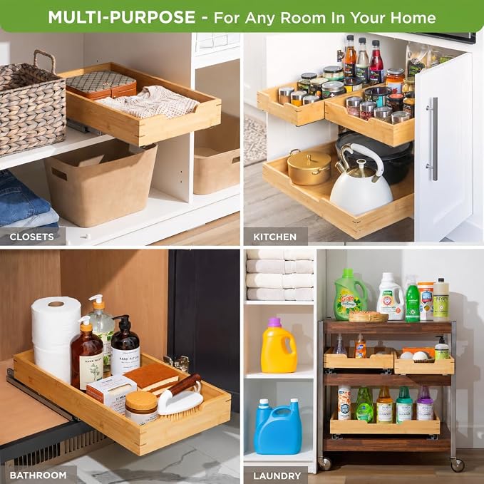 HOLDN’ STORAGE Bamboo Wooden Pull Out Cabinet Organizer 11"W x 21"D | Bamboo Tray and Heavy Gauge Metal Rails, W/Lifetime Limited Warranty, Fits 12.25"W x 21"D Cabinets - Image 7
