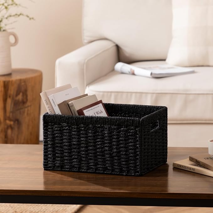 joybest Black Wicker Baskets for Shelves, Hand-woven Storage Baskets | 13.4L x 8.3W x 7.1H inch for Pantry, Kichen Organizing, Foldable Rectangular Bin with Handles, 4-pack - Image 5