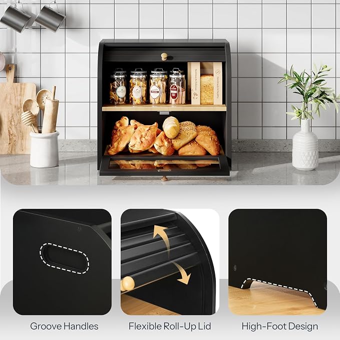 HOOBRO Bread Box, Bamboo Bread Box for Kitchen Countertop, 2 Tier Roll-Top Bread Bin, Food Storage Box, Large Capacity Keeper, Wooden Storage Cabinet, for Kitchen, Dining Room, Black BK13MB01 - Image 4