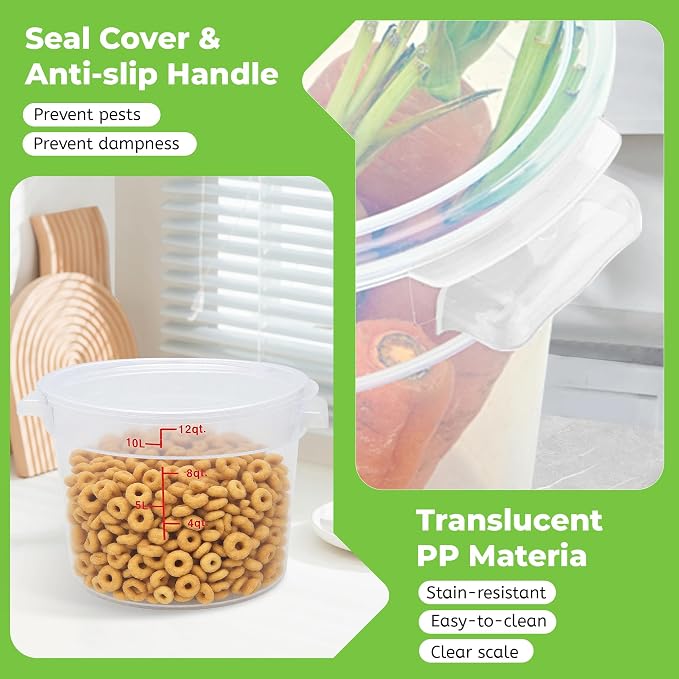 BIEAMA 4 Pack 12 Qt Round Food Storage Containers with Lids, Translucent PP | Include lids, labels, measuring cups and containers with capacity markings for food prep, pantry storage and dough proofing. - Image 5