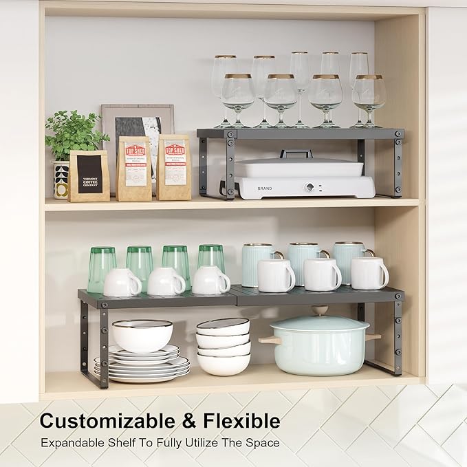 RUILALIFE Expandable Cabinet Organizer Shelf With Adjustable Height, Stackable Kitchen Countertop Organizer Rack, Adjustable Shelf Riser For Kitchen Counter, Pantry, Cupboard, Desk, Tabletop - Image 3