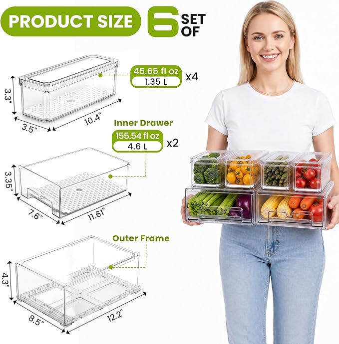 6Pack Fridge Organizers and Storage with Drain Trays,BPA-Free PET,Stackable | 2 Pull-Out Organizers & 4 Containers with Drain Trays For Fruit, Vegetable, Drink, Snack Food Storage - Image 2