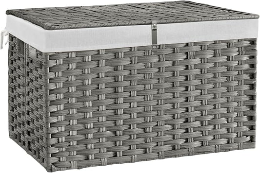 180L Wicker Storage Basket with Lid, Handwoven Rattan Large Shelf Basket with Removable Liner, 47.6 Gallon Wicker Basket for Blanket, Storage Trunk with Handle for Closet, Bedroom, Livingroom, Grey by Hiagnete