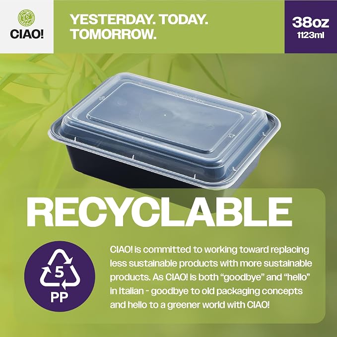 CIAO! Heavy Weight 38oz Injection Molded Microwavable Black Rectangular Food Container with Lid (150/case) - Image 3