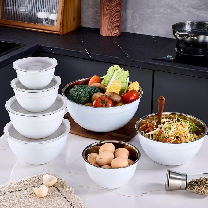 White Mixing Bowls With Airtight Lids,Stainless Steel Bowl,Salad Bowls 7 Piece Colorful Nesting Bowl White Kitchen Accessories,Size 7,3.6,2.7,2.1,1.5,1.1,0.8QT Stackable Design - Image 8