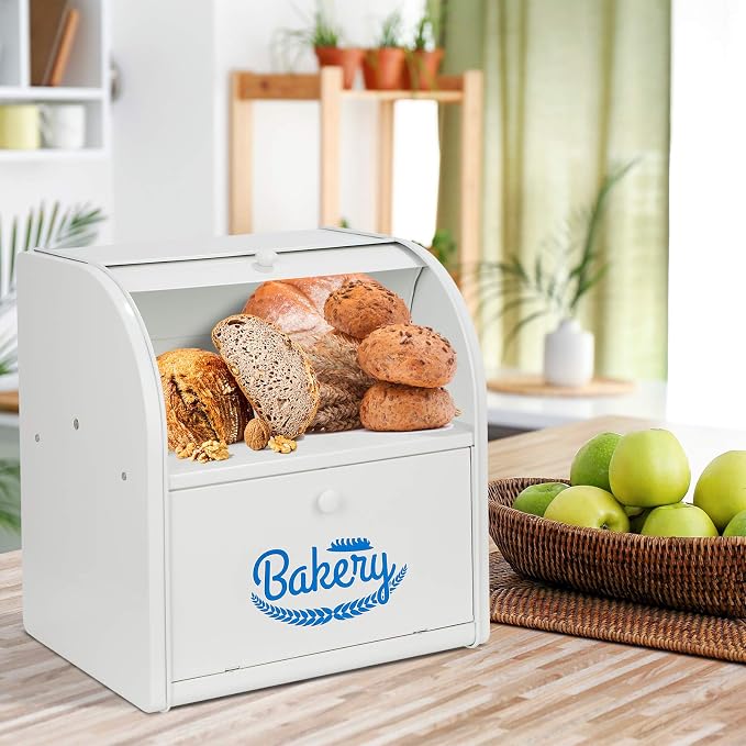Bread Box, Metal Bread Box for Kitchen Countertop, 2 Layer Roll Top Bread Boxes, Stainless Steel Bread Storage, Kitchen Counter Bread Bin, Airtight Holder for Homemade Bread（White） - Image 2