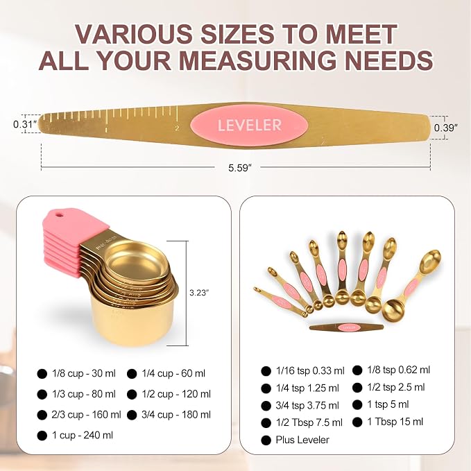 16-Piece Magnetic Measuring Cups & Spoons Set, Stainless Steel, Pink & Gold | 7 Silicone-Grip Cups, 8 Metal Spoons, 1 Leveler, US and Metric Marks for Dry & Liquid Ingredients, Kitchen Essentials Gadgets - Image 4