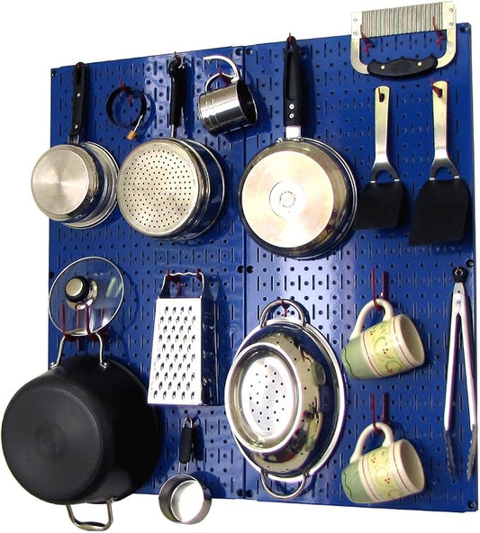 Wall Control Kitchen Pegboard Organizer Pots and Pans Storage Rack Organization Kit with Blue Pegboard and Red Accessories by Wall+Control