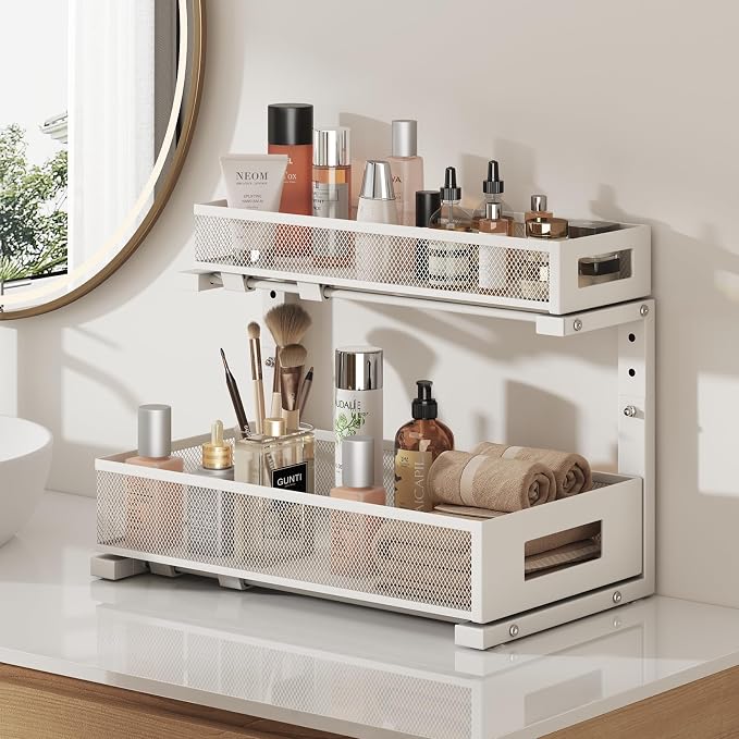 2 Pack 17IN Depth Under Sink Storage Organizer, Large 2-Tier Elegant Mesh Pull Out Shelf for Kitchen and Bathroom Cabinet Organization, L-Shaped and Adjustable Height Design-White - Image 7