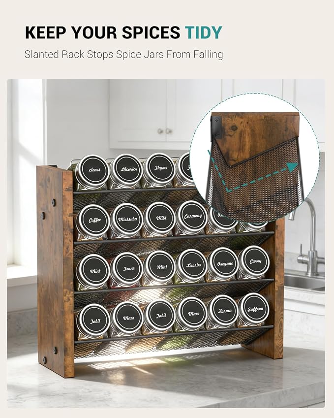 NESAPTO Spice Rack Organizer with 24 Glass Spice Jars, Wood 4-Tier Seasoning Organizer with Labels for Cabinet, Pantry, Countertop or Wall Mount, Chalk Marker and Funnel Set, 12.2" W × 9.4" H - Image 3