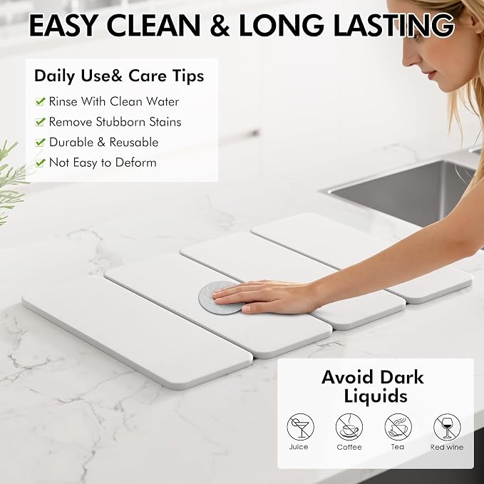 2-in-1 Stone Dish Drying Mat and Bamboo Dish Rack Combo, 24x16 Inch Super Absorbent Fast Dry Diatomaceous Earth Dish Drying Mat, Foldable Space Saver for Kitchen Counter Bathroom Apartment - Image 5