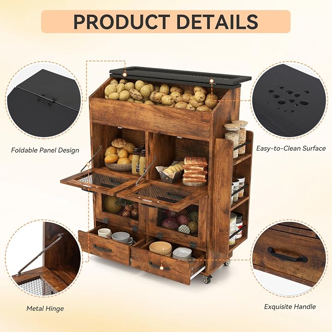 Verano Garden 31.5" Large Potato and Onion Storage Bin on Wheels, Bread Box | Fruit and Vegetable Organizer, Rolling, Side Rack, Flip-top, Mesh Doors, 4-Tier, Grocery Section, Ventilated, Wood, Kitchen - Image 6