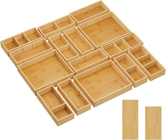 Lifewit Drawer Organizer 15 Pack(33 Grid) with 18 Inserts | Adjustable Bamboo Wooden Trays for Utensils, Silverware, Makeup, Kitchen, Bathroom, Office, Vanity Storage by Lifewit
