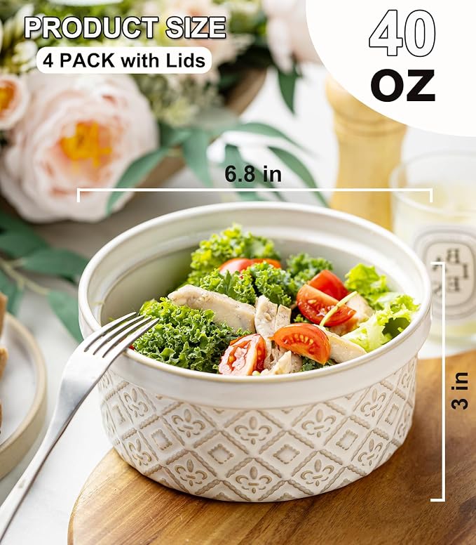 40 Oz Ramekins Ceramic Airtight Bowls Set of 4 - Large Mixing Bowls with Lids Set for Salad, Pho, Soup, Pasta, Dessert, Serving, Oatmeal, Baking Dishes, Dishwasher & Microwave Safe, Beige - Image 7