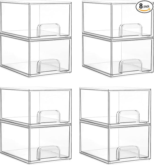 Vtopmart 8 Pack Small Clear Stackable Storage Drawers | Plastic Bins, Bathroom Makeup Organizer, For Vanity, Undersink, Kitchen Cabinets, Pantry, Home Organization by Vtopmart