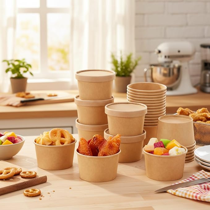 Fulmoon 100 Pack Paper Soup Containers with Lids Disposable Paper Food Containers with Vented Lid Kraft Ice Cream Cake Dessert Cups Soup Bowl for Party Hot Food Fruit Microwave(5 oz,Brown) - Image 3