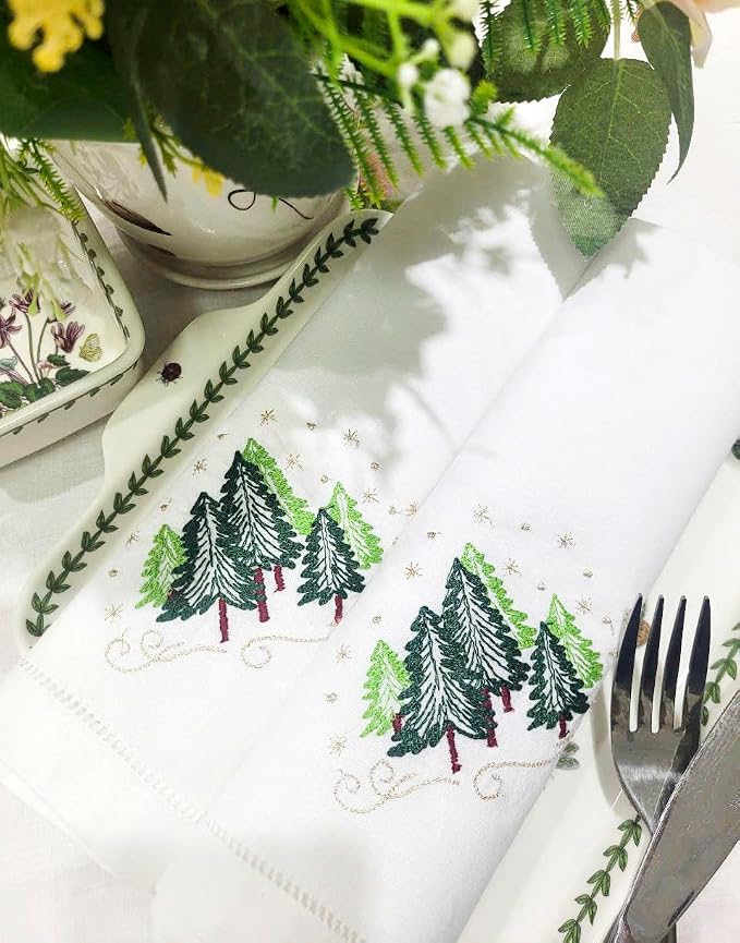 Embroidered Cloth Napkin Christmas Trees Cotton Napkins Set of 6, 20x20 Hemstitch Table Napkins Machine Washable, Daily & Christmas, Great Present Ideas - Image 4
