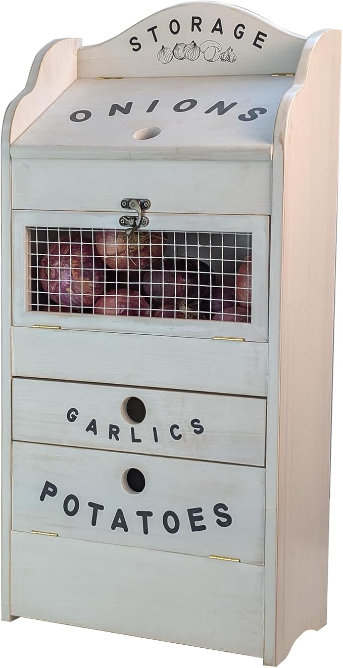ARTAWEIN Pine Wood Veggie Bin for Potato, Onion and 1 Garlic Drawer Vegetable Box for Kitchen Storage, Solid Wood Vegetable Bin 13.77" L X 7.1" W X 29.3" H (Rustic White) - Image 8