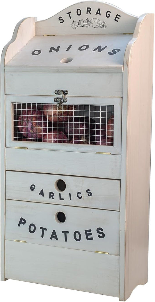 ARTAWEIN Pine Wood Veggie Bin for Potato, Onion and 1 Garlic Drawer Vegetable Box for Kitchen Storage, Solid Wood Vegetable Bin 13.77" L X 7.1" W X 29.3" H (Rustic White) by ARTAWEIN