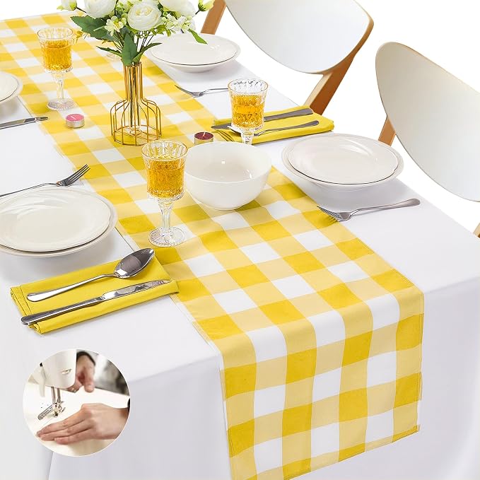 Cupuamon Fabric Checkered Table Runner 1 Pack Waterproof Gingham Table Runner 14W x 108L Buffalo Check Table Runners for Parties Kitchen Dining Wedding Banquet (Yellow and White) by Cupuamon