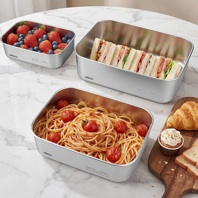 3Pcs Stainless Steel Food Containers,Stainless Steel Containers with Lids,Snack Containers,Lunch Box,Easy Clean,Airtight&Leakproof for Kitchen Storage,Dishwasher Safe,BPA-Free (22oz+44oz+77oz) - Image 3