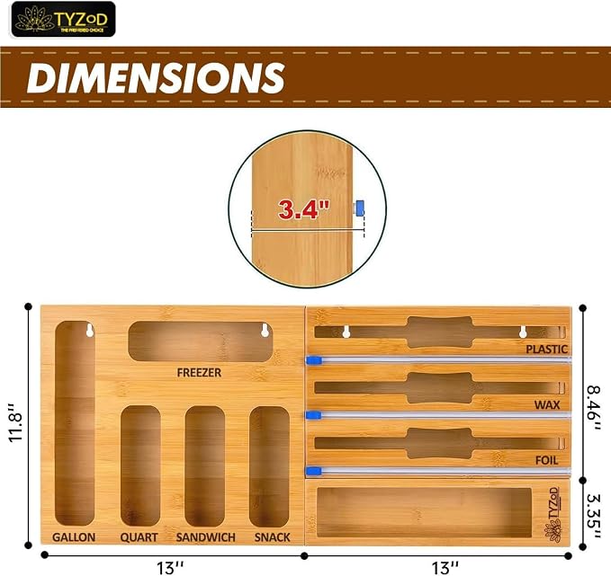 9-in-1 Bamboo Storage Bag Organizer with Cutter, Kitchen Drawer & Wall Mount Storage for Foil, Plastic Wrap, Gallon, Quart, Sandwich, Snack & Freezer Bags, Fits Rolls ≤12” Long, ≤2” Diameter - Image 2