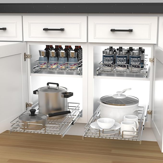 Pull Out Cabinet Organizer, Heavy-Duty Metal Sliding Drawer Shelf for Kitchen Cabinets, Chrome, Doesn't Include Door Fittings (20 * 21 IN) - Image 6