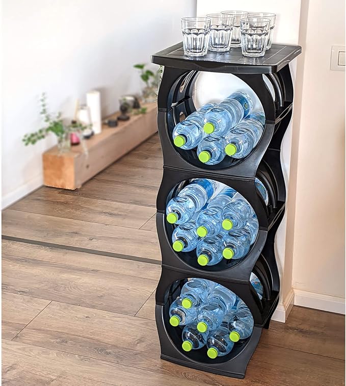 Stackable Water Bottle Storage Rack Best Water Jugs 5 Gallon Organizer. Jug Holder for Kitchen, Cabinet and Office Organizing. Reinforced Polypropylene (Black, 3 Plus Shelf) - Image 7