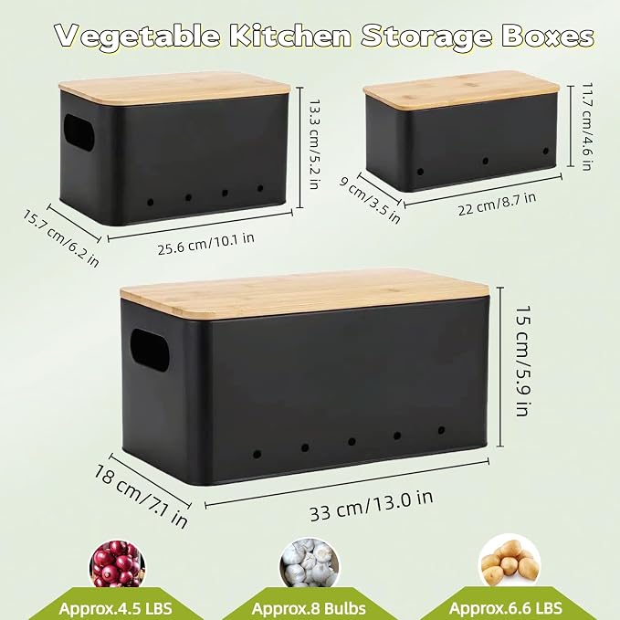 Modern kitchen storage container, stacked metal storage box, 3-piece set with wooden lid design, onion, garlic, potato metal cans, breathable storage box (Black) - Image 4