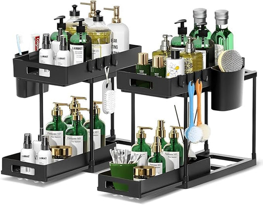 Pack of 2-Under Sink Organizer, Multi-Purpose Under Cabinet Storage with Hooks Hanging Cups, Heavy Load pull-out 2-Tier Under Sink Storage Organizer and Large Capacity Bathroom Cabinet (Black) by Unknown