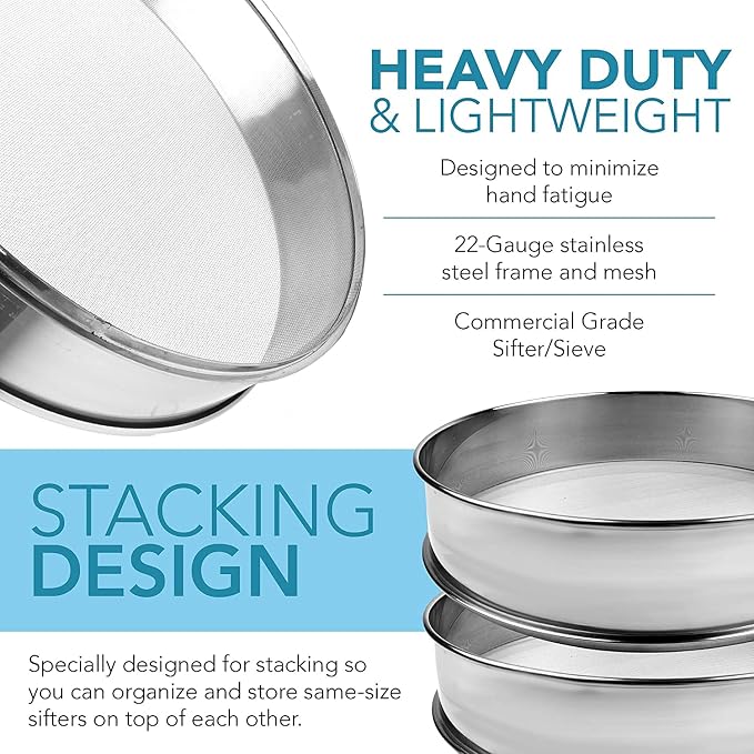 Vollum Stainless Steel Flour Sifter Fine Mesh Sieve 12" Round | 20-mesh baking sieve with 0.85mm hole size; 2.5" deep; durable food-grade stainless steel build for even flour sifting. - Image 4