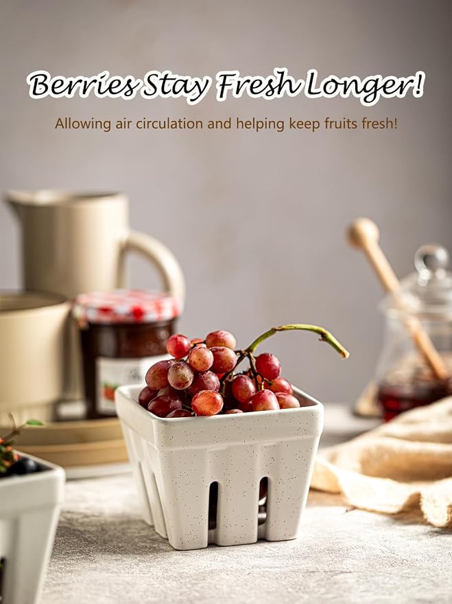 Gomakren Berry Bowl Set of 2, Ceramic Berry Basket, Square Fruit Bowls with Holes, Rustic Fruit Basket Containers for Kitchen Fridge, Berries, Strawberry, Grape, Cherry, Cream White - Image 3