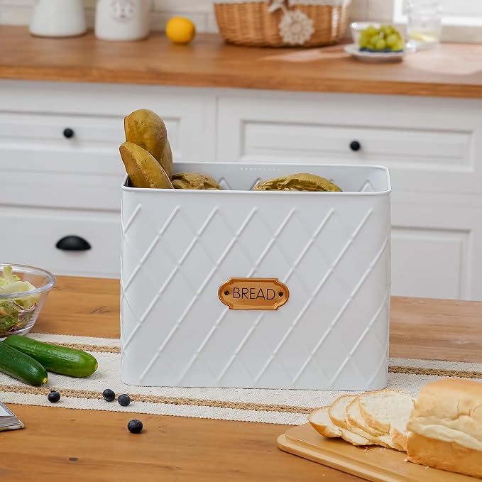 Extra Large Rhombus Pattern Embossed Bread Box with Bamboo Lid | Corner Breadbox for Homemade Bread, White Metal Bread Storage Container Bin for Kitchen Countertop, Fits 2 Loaves of Bread - Image 4