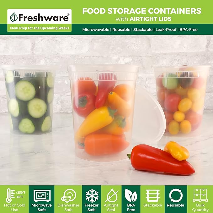 Freshware Food Storage Containers [24 Set] 32 oz Plastic Deli Containers with Lids, Slime, Soup, Meal Prep Containers | BPA Free | Stackable | Leakproof | Microwave/Dishwasher/Freezer Safe - Image 2