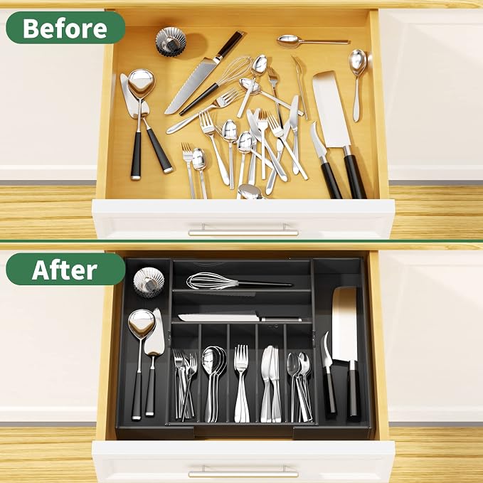 NIUBEE Acrylic Utensil Silverware Tray for Drawer, Cutlery Organizer, Black | Expandable Silverware Organizer for Flatware, 9 Compartments Adjustable Utensil Organizer,Clear Silverware Holder for Kitchen - Image 4
