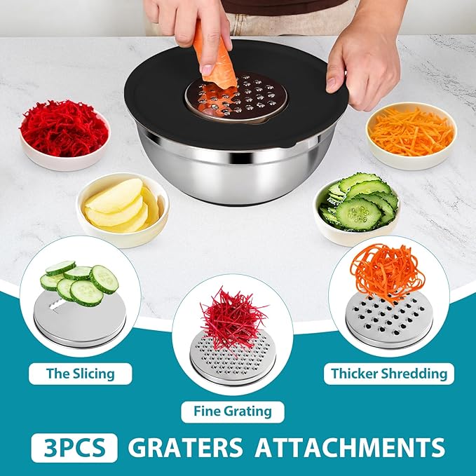 20-Piece Mixing Bowls Set with Airtight Lids – 6 Stainless Steel Kitchen Bowls (4.5QT, 4QT, 3.5QT, 2.1QT, 1.5QT, 1.1QT), 3 Grater Attachments, Non-Slip Silicone Bottoms, Perfect for Baking & Serving - Image 4