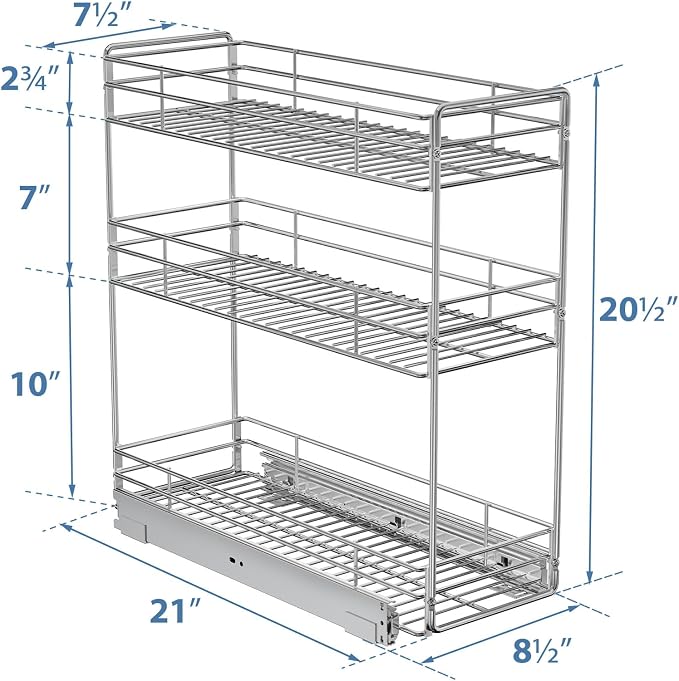 ROOMTEC 3-Tier Pull Out Cabinet Organizer for Narrow Cabinet (8.5" W X 20.5" D), Kitchen Cabinet Organizer and Storage Cabinet Pull Out Shelves Under Cabinet Storage for Kitchen, Chrome - Image 3