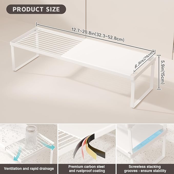 Magheo Expandable Cabinet Shelf Organizer, 2 Pack Stackable Kitchen Counter Shelf Riser, Metal Spice Rack Heavy Duty Countertop Organizer Storage for Kitchen, Pantry, Cupboard, Rv (5.9in Height,White) - Image 6