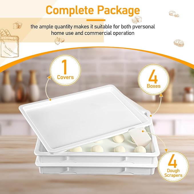 Tioncy 4 Pcs Pizza Dough Proofing Box Dough Container Stackable Trays with Lids Pizza Storage Container Collapsible for Storage Safekeeping, 25.98'' x 17.91'' x 3.23'', 4 Trays and 1 Covers - Image 3