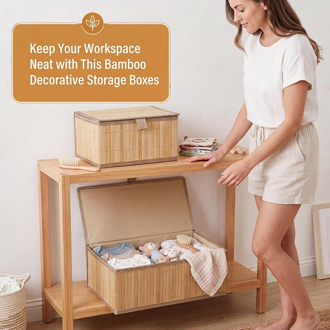 Set of 5 Bamboo Decorative Storage Boxes with Lids, Woven Stackable Storage Bins with Washable Liners, Wicker Nesting Basket Organizers for School, Dorm Room, Classroom, Home, Office - Image 5