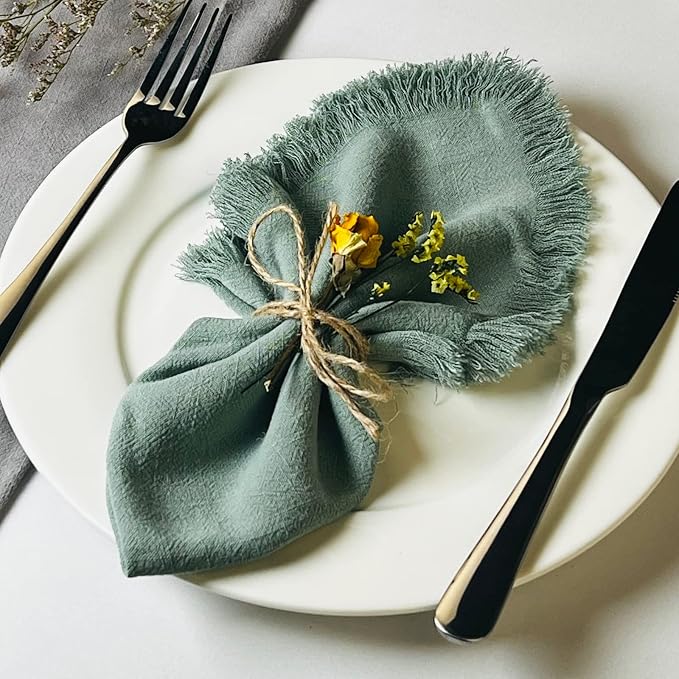 Handmade Cloth Napkins with Fringe,18 x 18 Inches Cotton Linen Napkins Set of 12 Versatile Handmade Square Rustic Fringe Napkins for Dinner, Wedding and Parties, Sage - Image 2