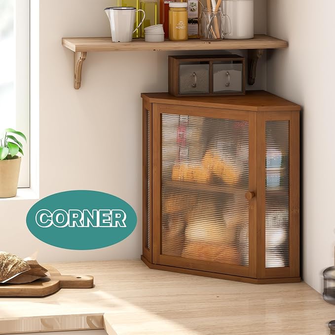 viewcare Corner Bread Box for Kitchen Counter, Bamboo Wood Large Capacity Bread Storage Bin with Acrylic Wavy Door Panel (Brown, Extra Large) - Image 2