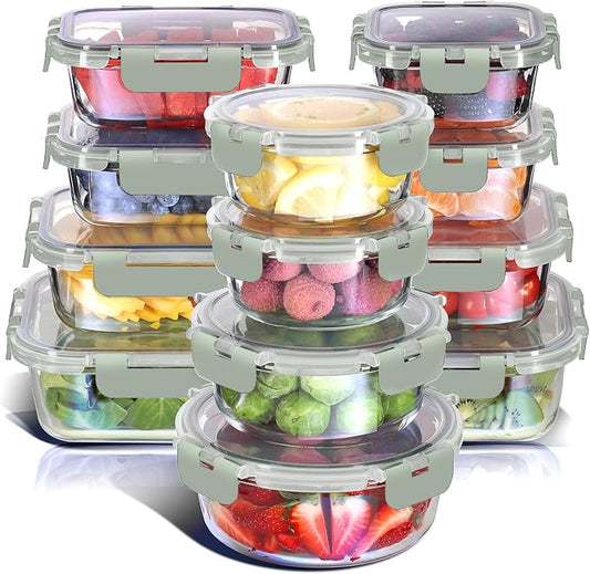 Nestl 24pc Glass Storage Containers with Lids, 12 Glass Food Storage Containers with 12 Airtight Lids for Pantry & Kitchen, Meal Prep Containers for Lunch, Oven Microwave & Dishwasher Safe, Sage Green by Nestl