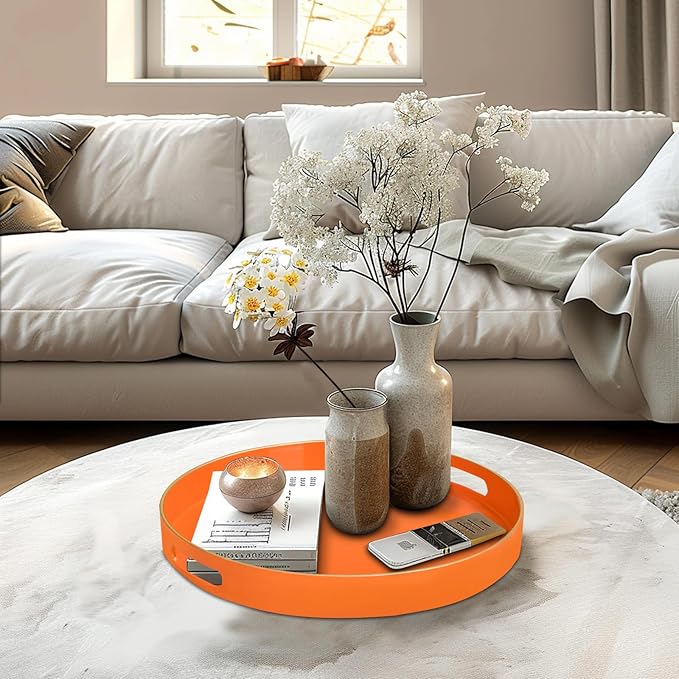 13" Orange Decorative Tray, Plastic Round Serving Tray with Handles | Decorative Tray for Coffee Table, Modern Ottoman Tray, Circle Tea Tray, Round Melamine Tray for Living Room, Bathroom - Image 6