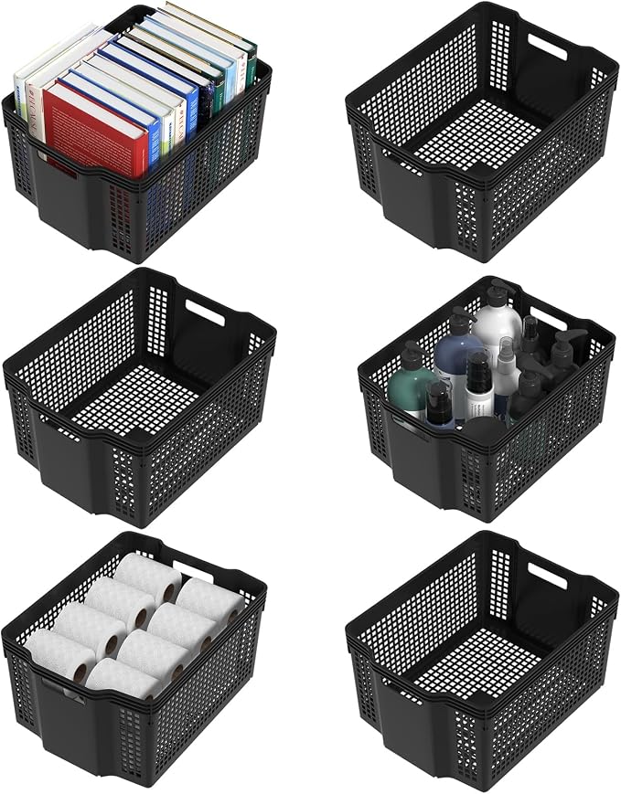 Stackable Woven Plastic Storage Baskets, 6 Pack Container Tote | Shelf Organizer Bins for Pantry and Cabinet, 14.8 x 10.9 x 7.1 in, Nest and Stack, Black - Image 7