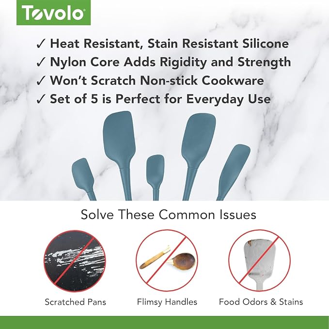 Tovolo Flex Core 5 Piece Silicone Spatula Set Heat Resistant All Silicone Utensils Include Non Stick Spatula Spoonula Jar Scraper, Dishwasher Safe BPA Free Spatulas for Baking Mixing, Blue Slate - Image 3