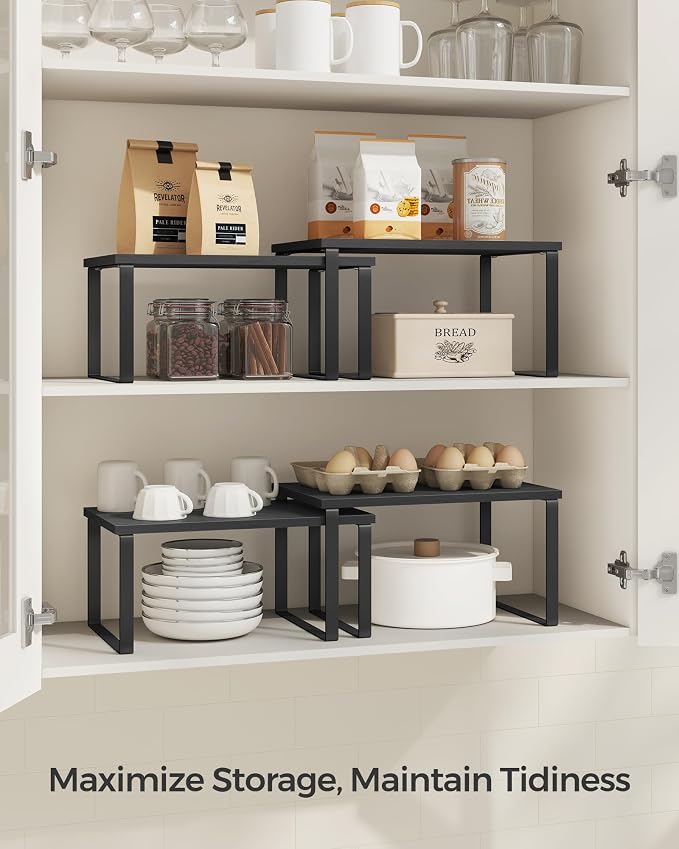 SONGMICS Cabinet Organizer Shelf, Set of 4 Kitchen Counter Shelves, Kitchen Storage, Spice Rack, Stackable, Expandable, Metal and Engineered Wood, Ink Black and Ebony Black UKCS027B01 - Image 4